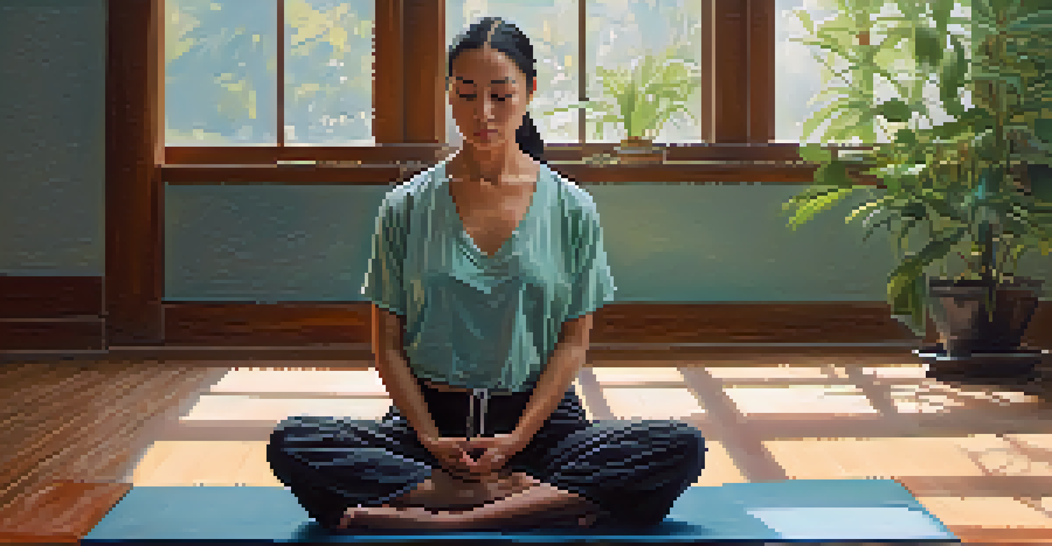 A person practicing deep breathing in a calm environment, sitting cross-legged on a mat with a peaceful look.