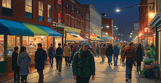 A vibrant city street at dusk with travelers walking and engaging in their surroundings, illuminated by street lamps.