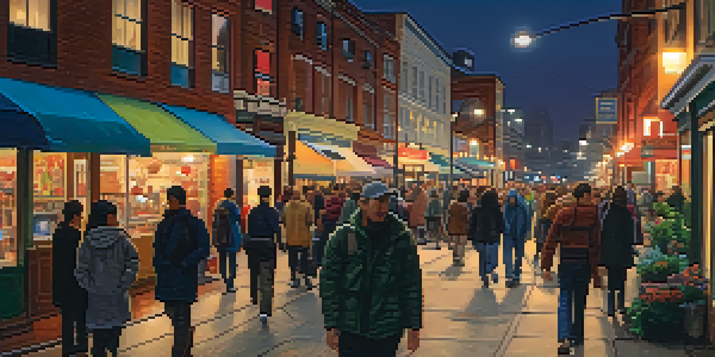 A vibrant city street at dusk with travelers walking and engaging in their surroundings, illuminated by street lamps.