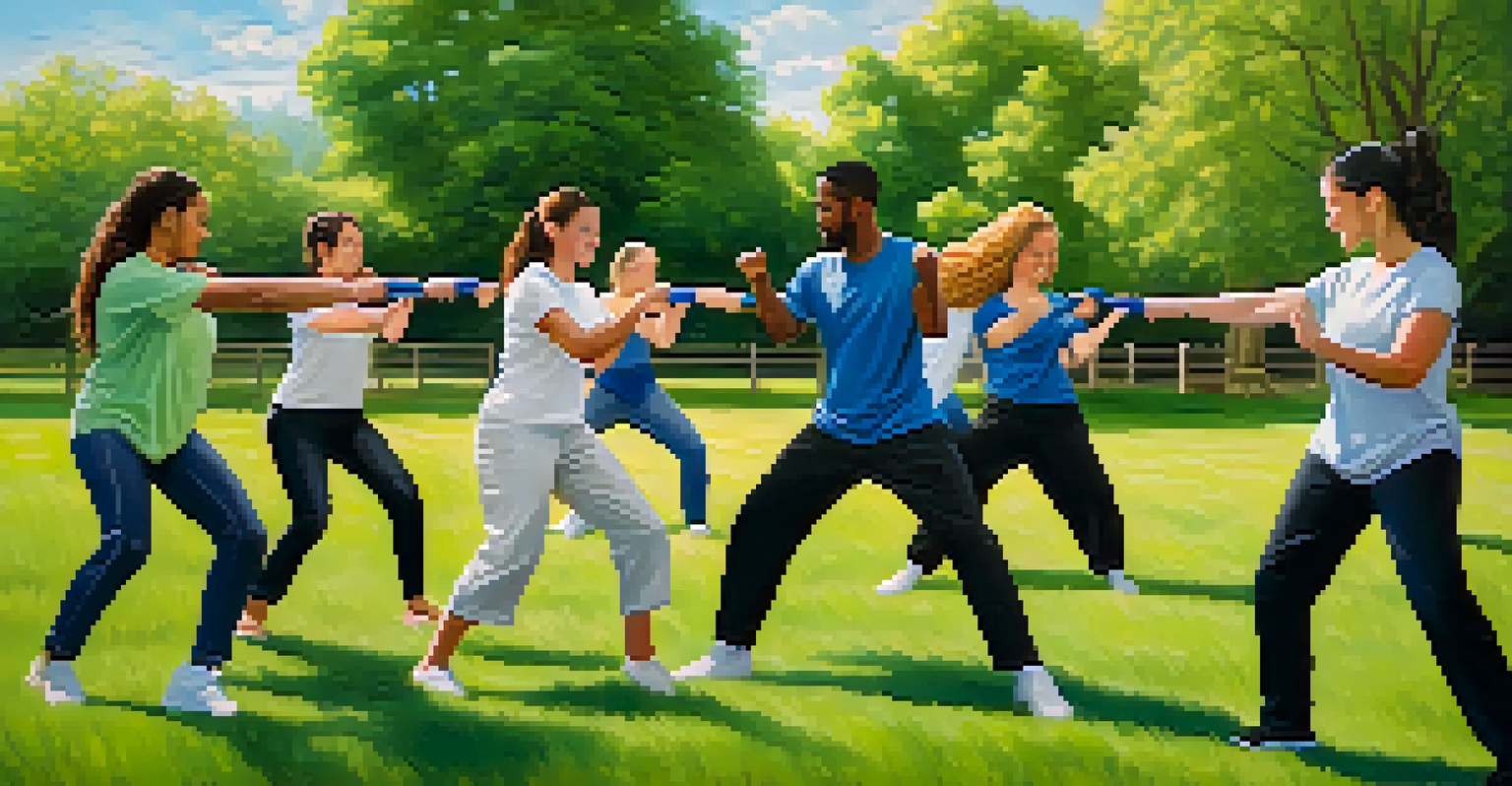 A group of diverse students practicing self-defense techniques outdoors in a sunny setting, with an instructor leading the class.
