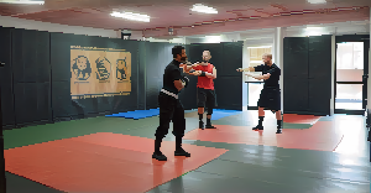 An indoor self-defense training facility where an instructor demonstrates de-escalation techniques with a calm participant, surrounded by mats.