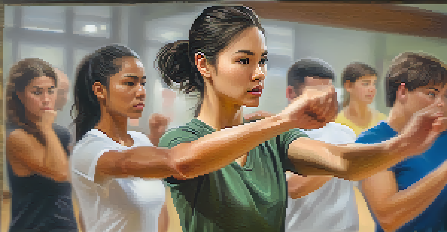 A close-up of a woman performing a self-defense technique, emphasizing her expression and form with supportive classmates in the background.