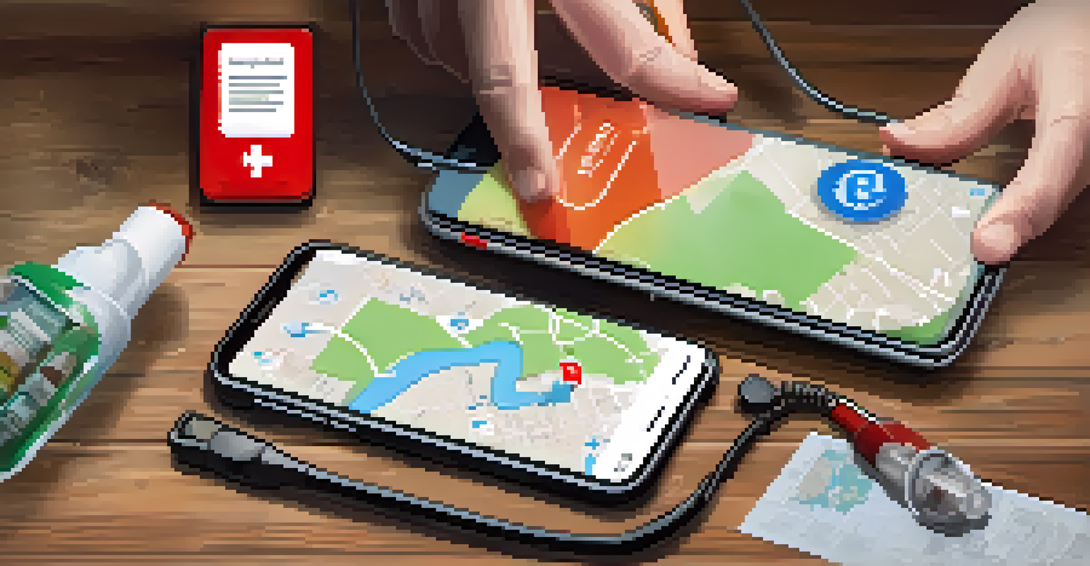 A hand holding a smartphone with an emergency contact app, surrounded by emergency supplies like a flashlight and first aid kit on a table.
