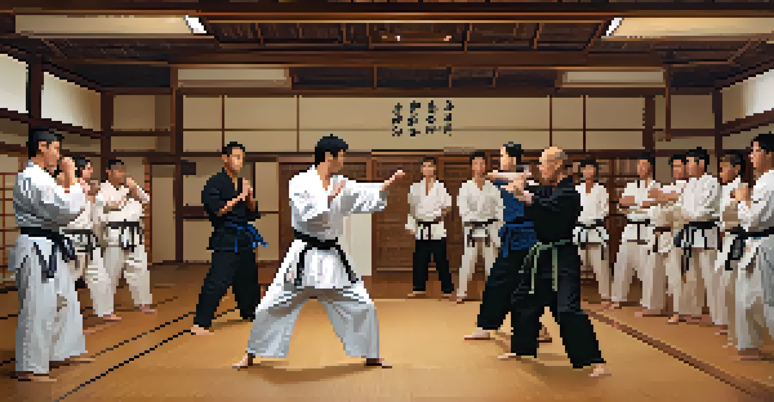 A martial arts instructor demonstrating a technique in a dojo with wooden flooring and students observing.