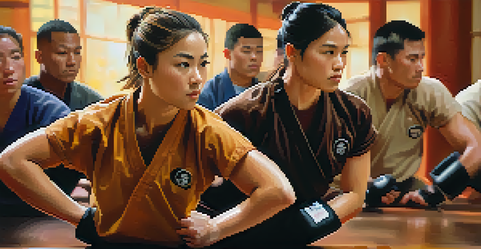 A diverse group of individuals training in self-defense, focused expressions and sweat highlighting their determination.