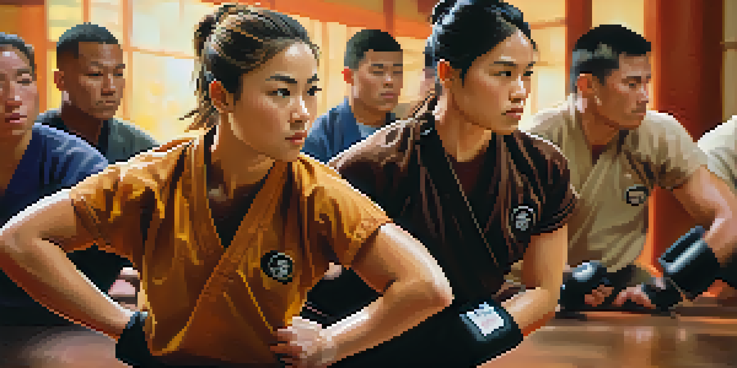 A diverse group of individuals training in self-defense, focused expressions and sweat highlighting their determination.
