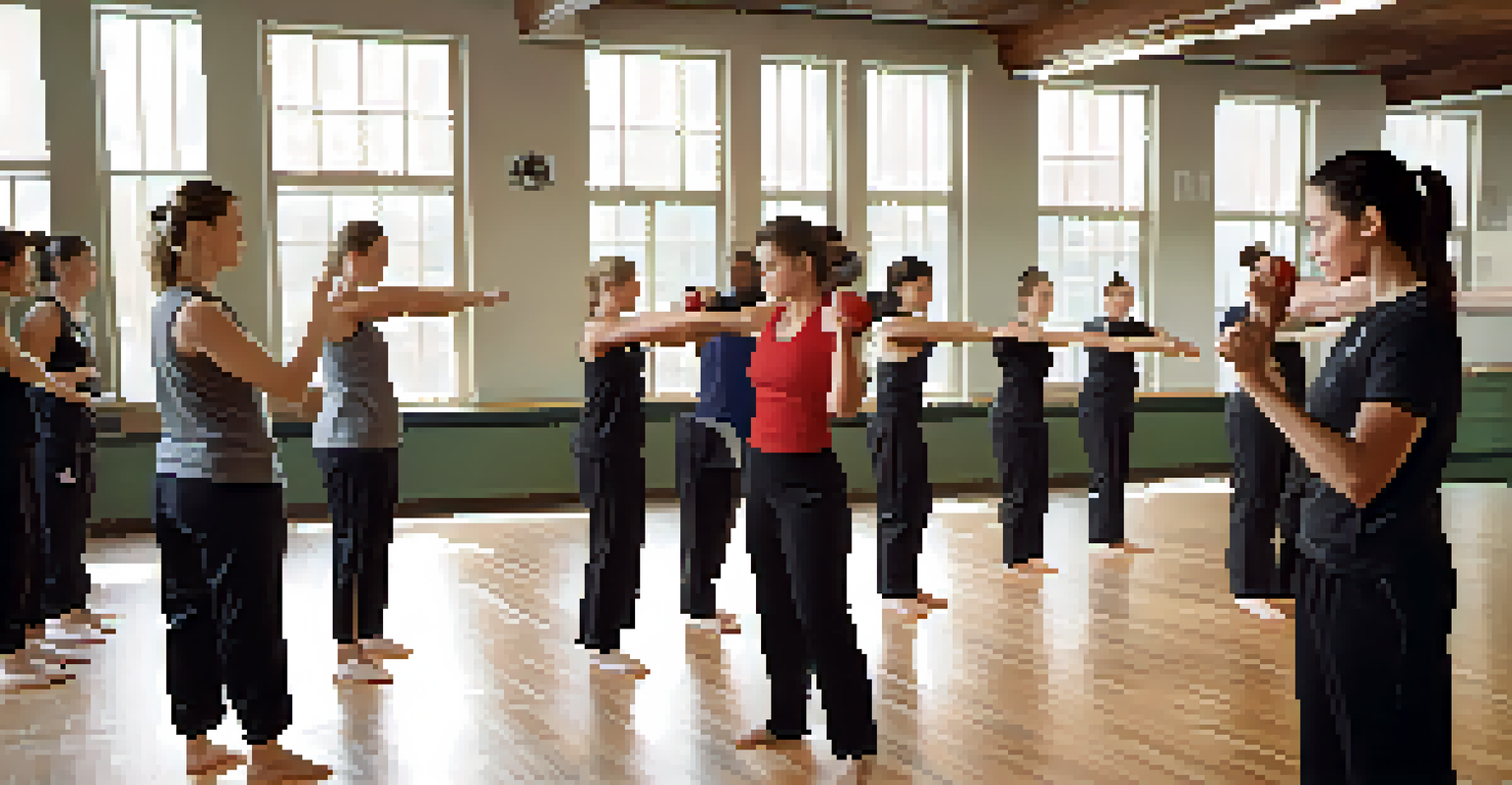 A self-defense instructor demonstrating a wrist break technique to a group of engaged women in a gym setting.