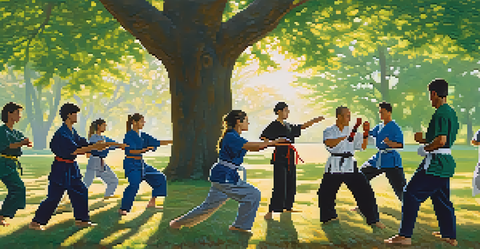 A diverse group of individuals practicing martial arts in a sunlit park, surrounded by trees and grass.