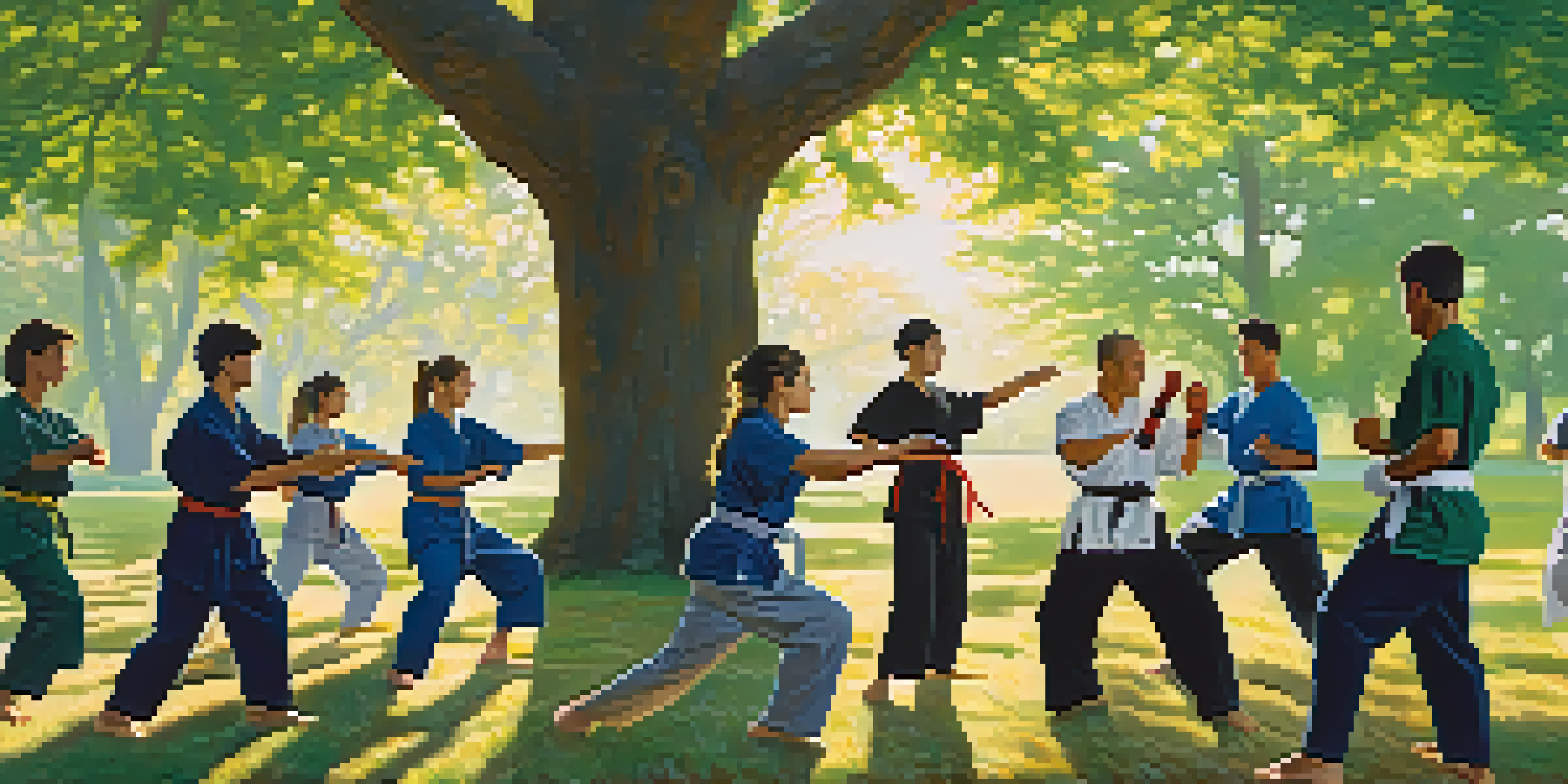 A diverse group of individuals practicing martial arts in a sunlit park, surrounded by trees and grass.