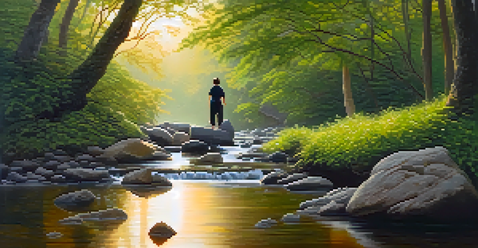 A peaceful forest scene at dawn with a person practicing Tai Chi near a gently flowing stream.