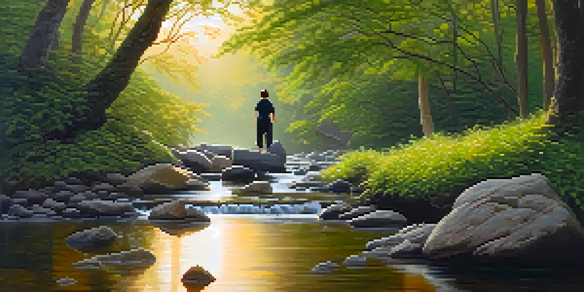 A peaceful forest scene at dawn with a person practicing Tai Chi near a gently flowing stream.