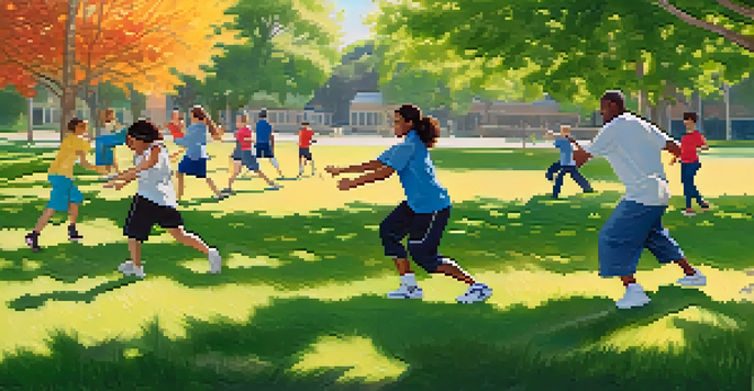 A group of diverse individuals with autism participating in a self-defense class in a sunny park, practicing techniques with a supportive instructor.