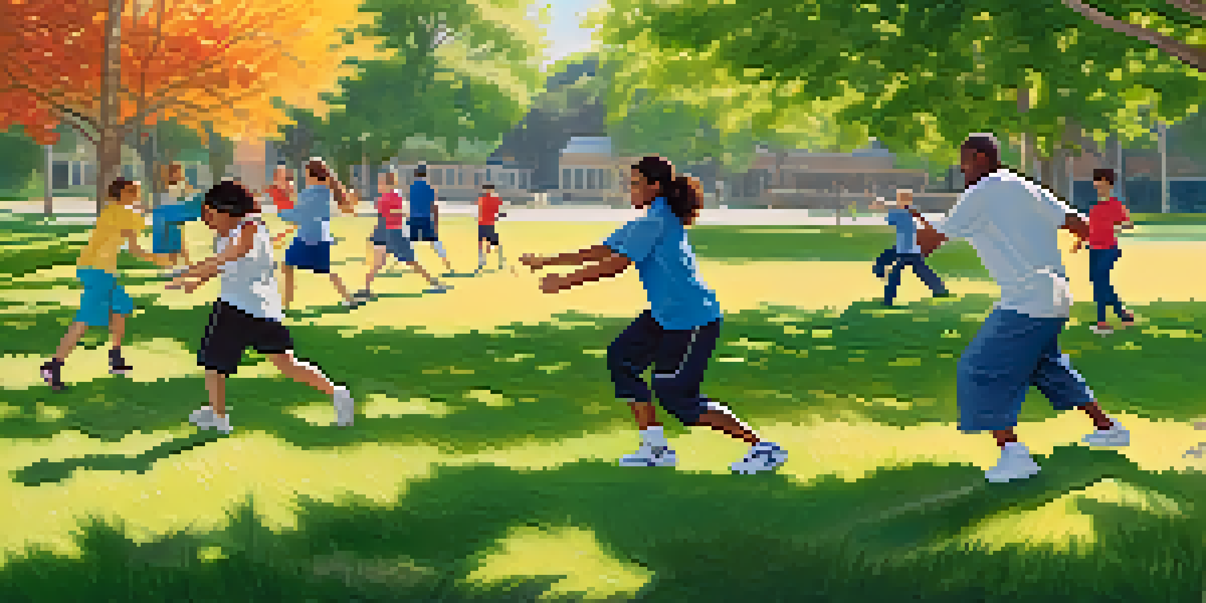 A group of diverse individuals with autism participating in a self-defense class in a sunny park, practicing techniques with a supportive instructor.