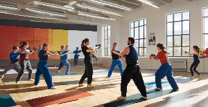 Diverse employees practicing self-defense techniques in a well-lit office environment, with an instructor and motivational posters in the background.