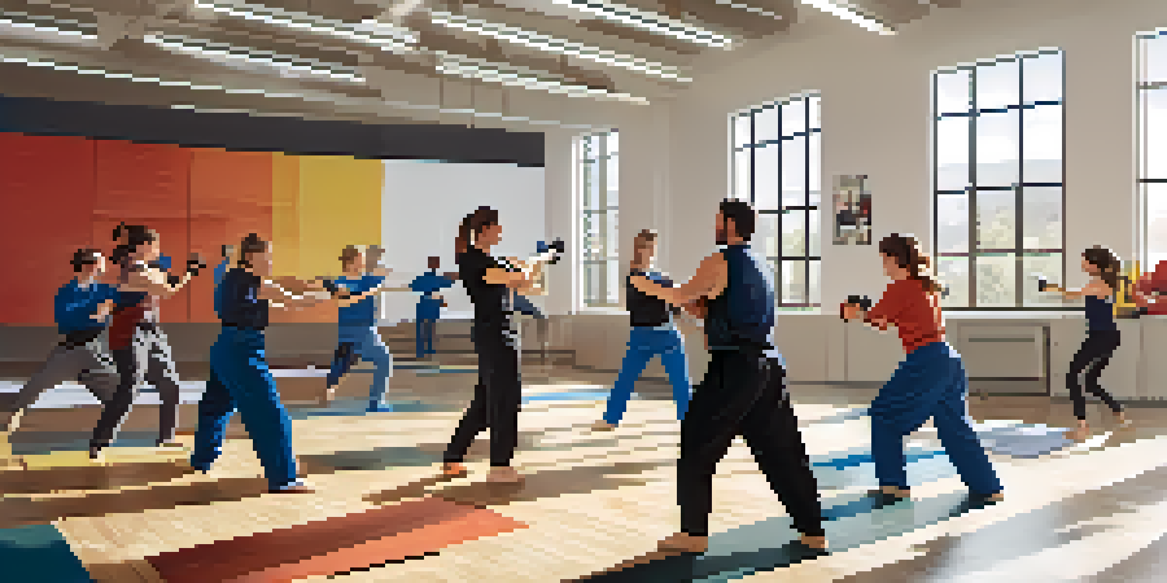 Diverse employees practicing self-defense techniques in a well-lit office environment, with an instructor and motivational posters in the background.