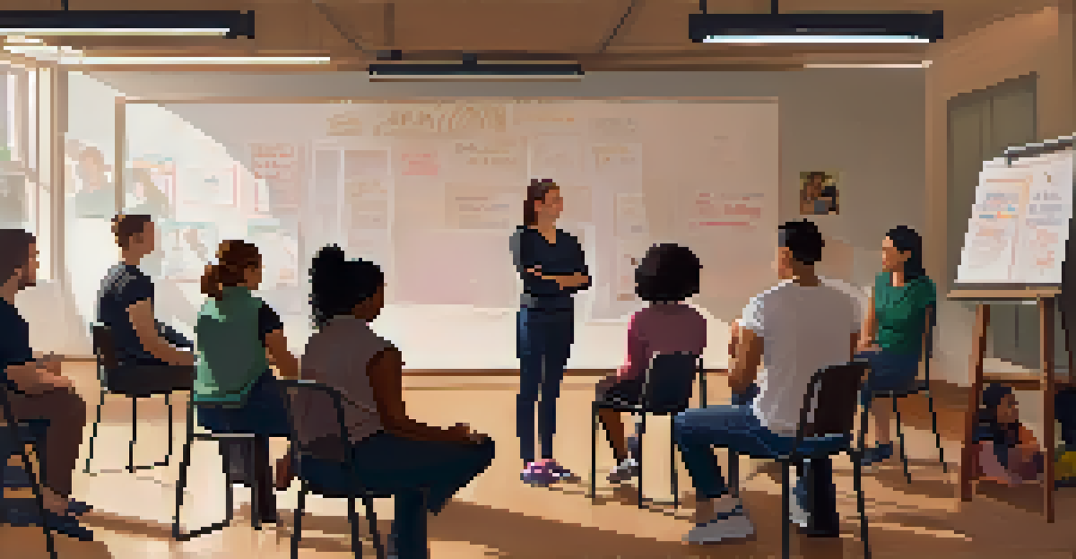A self-defense workshop with women sitting in a circle, watching a facilitator demonstrate techniques in a cozy, well-lit room.