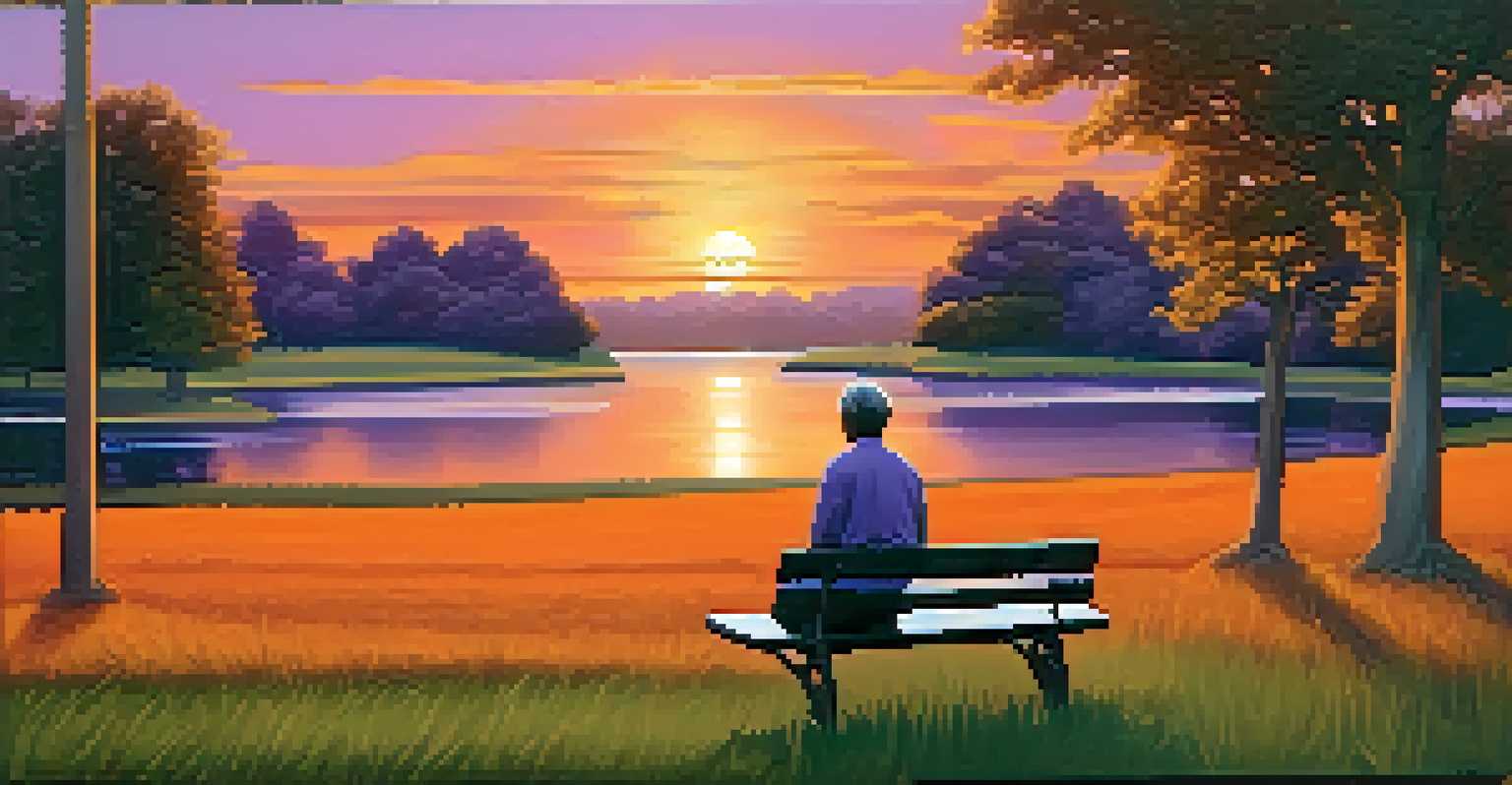A person meditating on a park bench during sunset, surrounded by colorful skies and gentle trees.