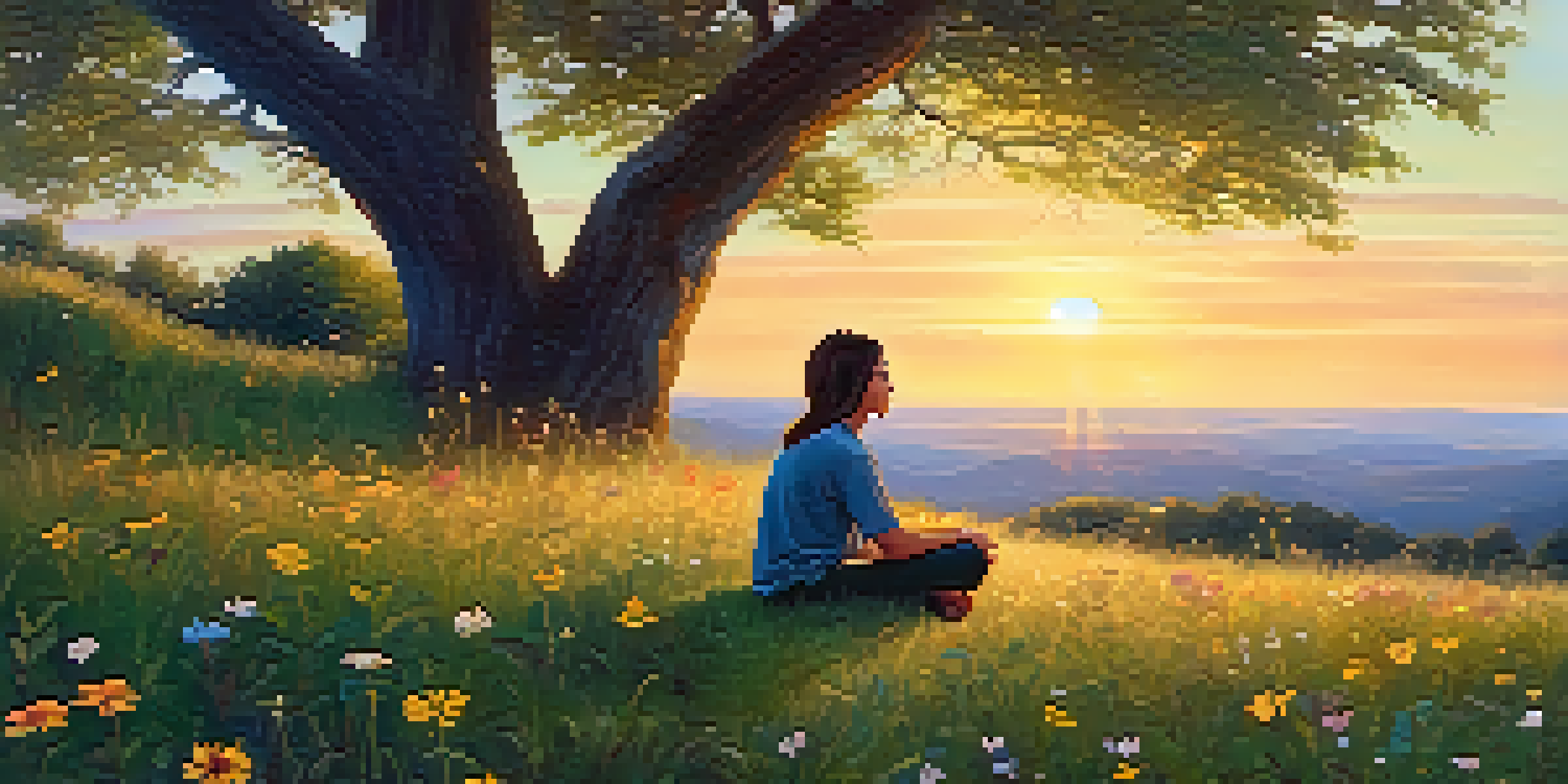 A person sitting cross-legged on a grassy hilltop during sunset, surrounded by trees and wildflowers, practicing mindfulness.