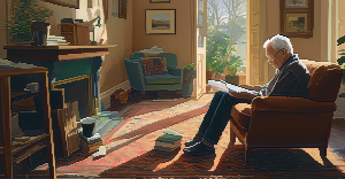 A senior citizen in a cozy living room, examining their surroundings for safety hazards while seated in an armchair, with a notepad and pen in hand.