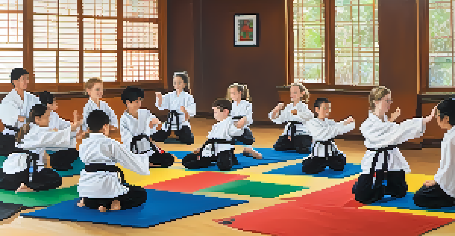 Group of students practicing martial arts in pairs, showing smiles and teamwork in a vibrant classroom.