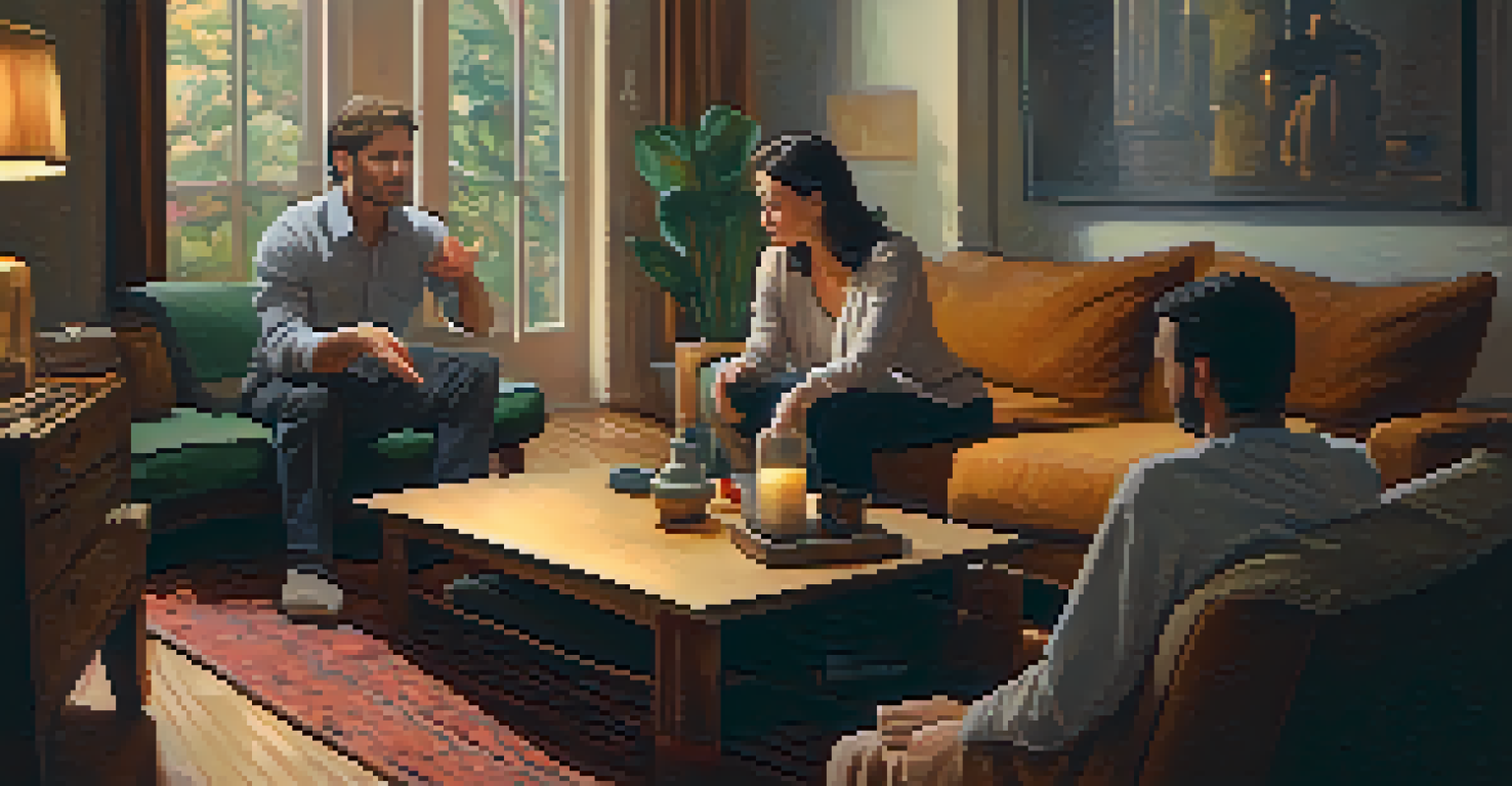 A couple practicing non-verbal communication cues for self-defense in a cozy living room setting.