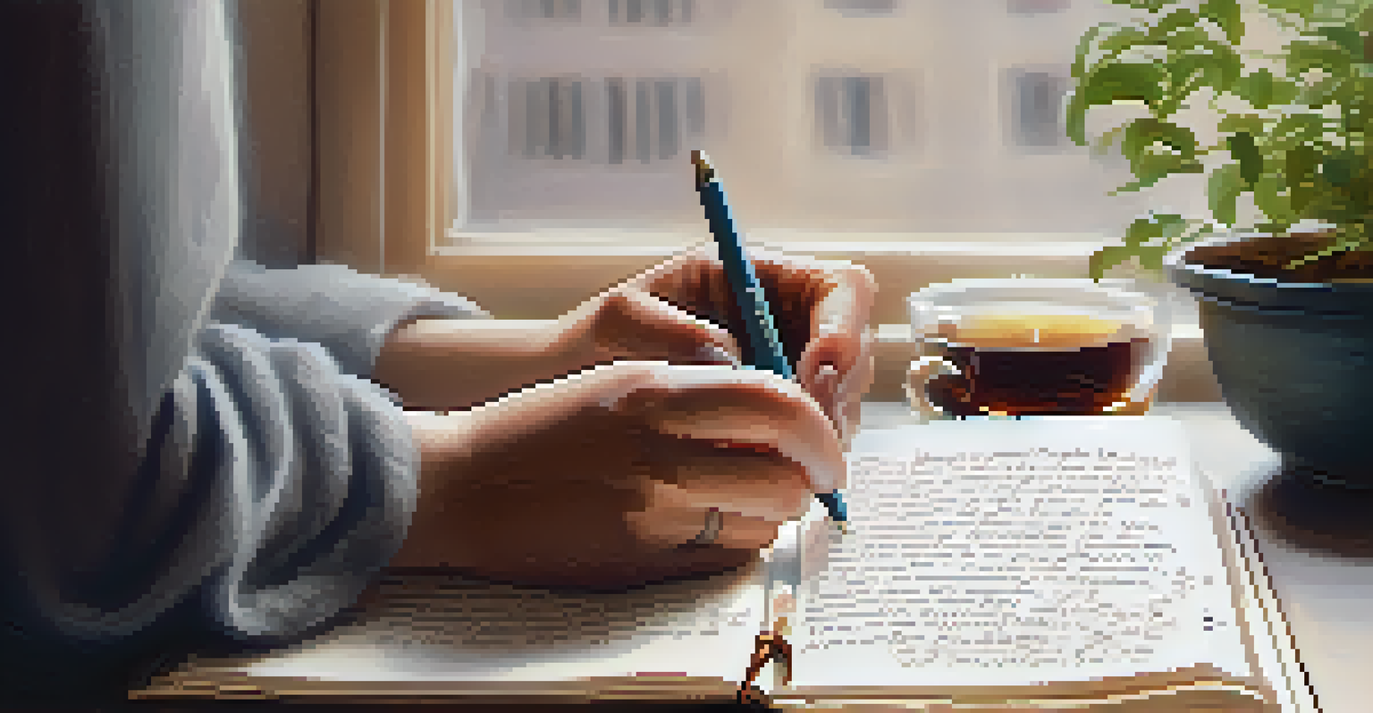 Close-up of hands writing in a journal with a cup of herbal tea and a small plant in the background, focusing on gratitude and self-reflection.