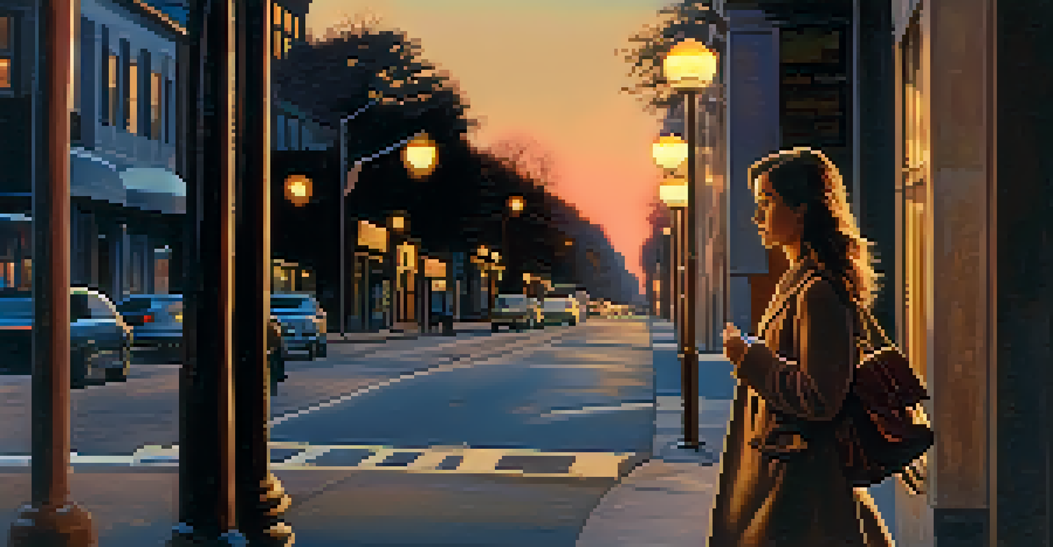 A woman walking alone at dusk, confidently holding a personal alarm in her hand, illuminated by the soft glow of streetlights.