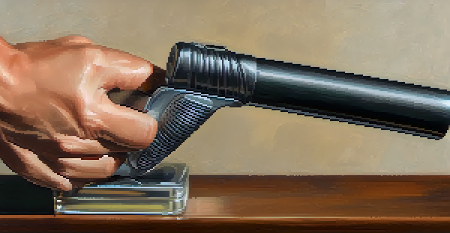 Close-up of a hand holding a self-defense tool, showcasing its details and design against a softly blurred background.
