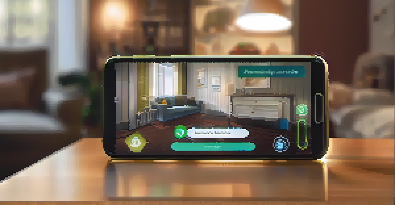 A close-up of a smartphone showing a personal safety app interface, with features like location sharing and a panic button in a cozy room setting.