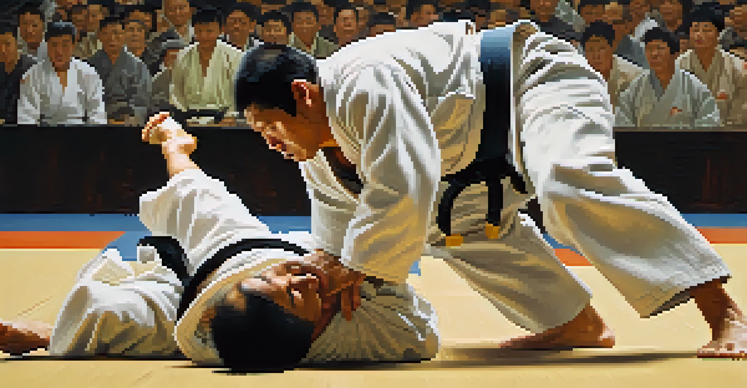Two Judo practitioners in action during a grappling match on a tatami mat, one performing a throw.