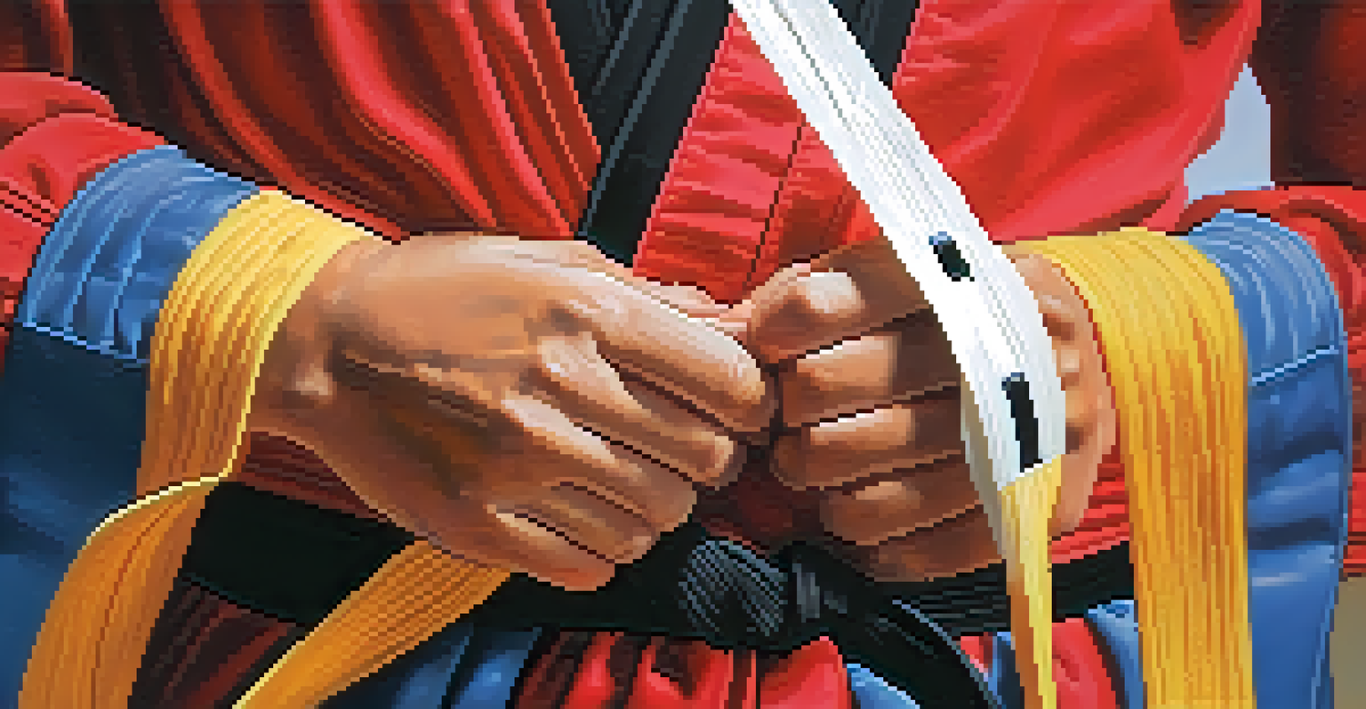 Close-up of hands tying a martial arts belt, symbolizing commitment and achievement in self-defense training.