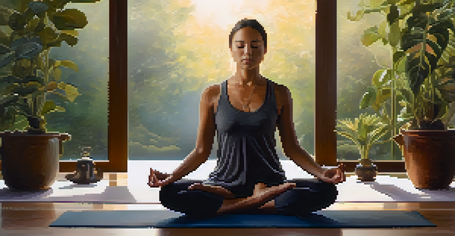 A person practicing breath control in a meditative pose on a yoga mat, surrounded by warm lighting and plants.