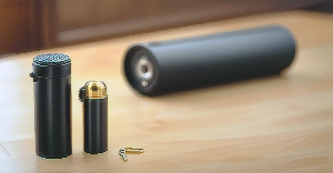 A close-up view of a black pepper spray canister on a wooden table, with soft natural lighting and a blurred home interior in the background.