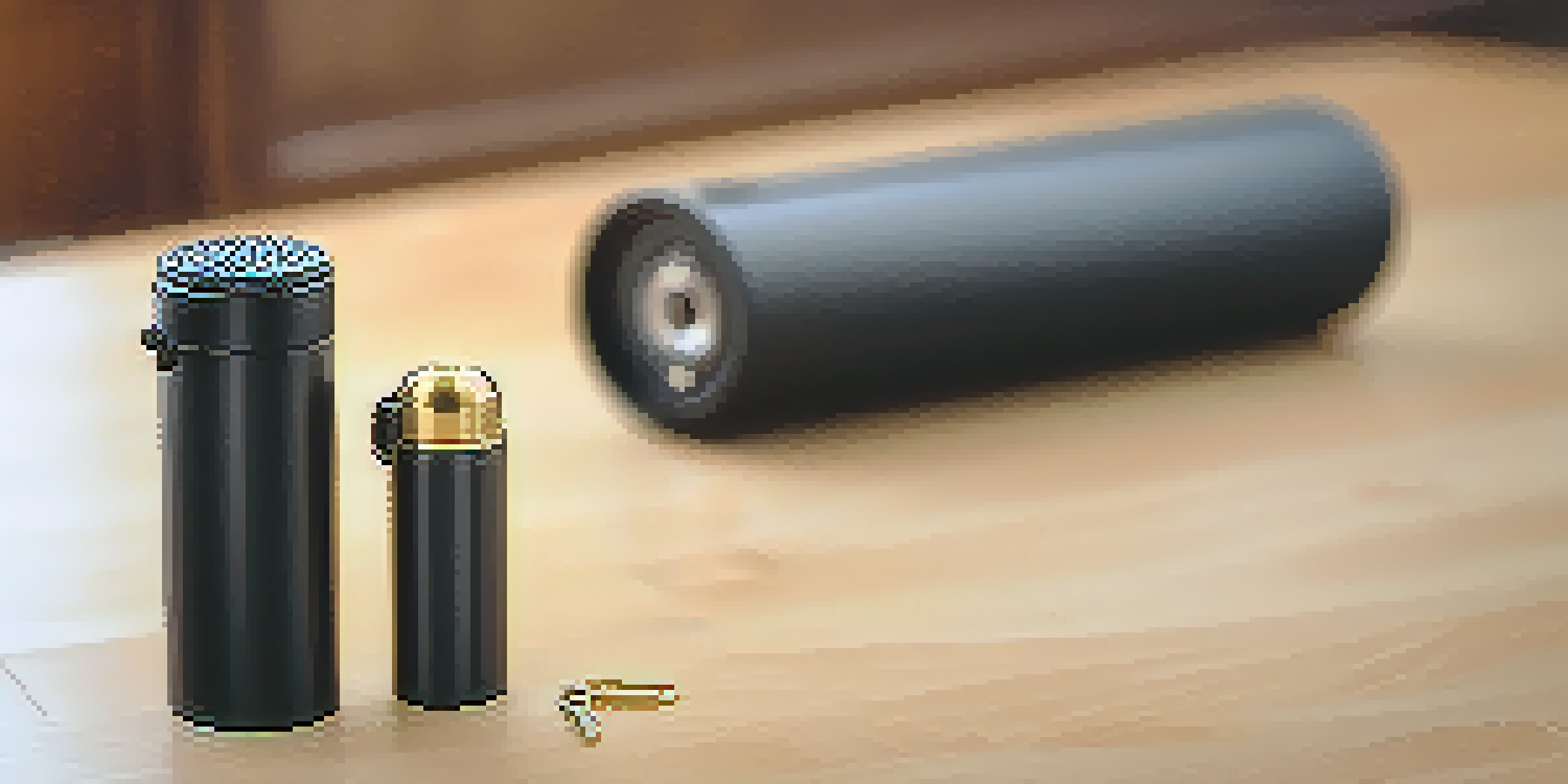 A close-up view of a black pepper spray canister on a wooden table, with soft natural lighting and a blurred home interior in the background.
