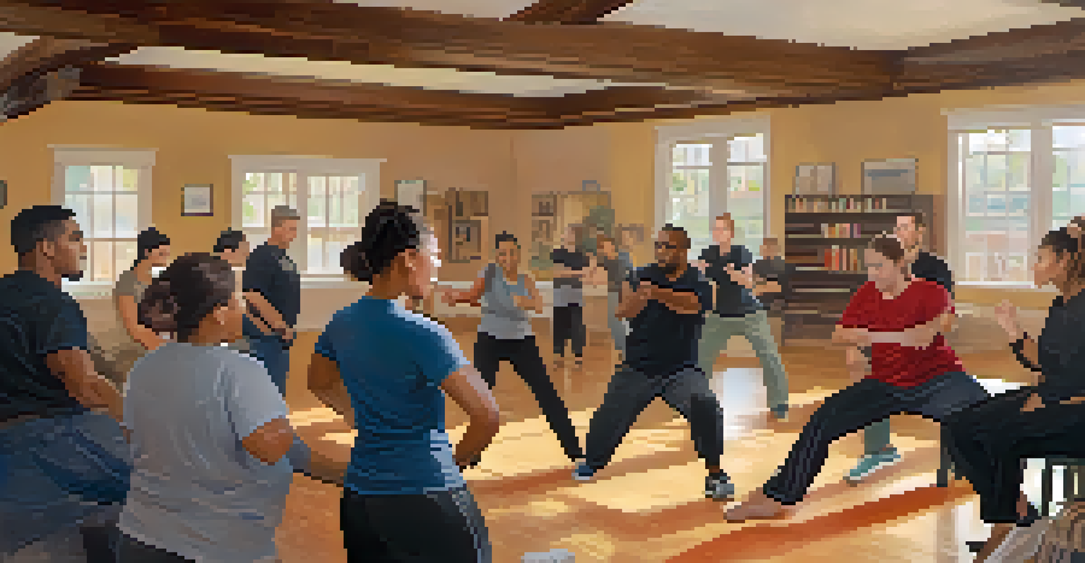 A group of individuals in a friendly discussion during a self-defense workshop, highlighting community support.