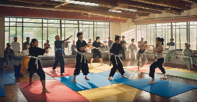 A group of individuals practicing self-defense techniques in a dojo, demonstrating focus and determination.