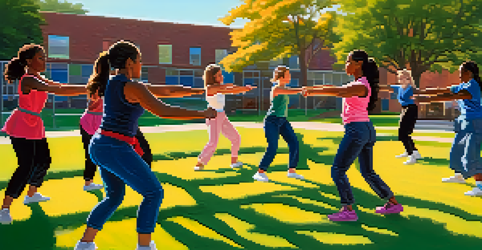A diverse group of college women practicing self-defense techniques outdoors in a vibrant setting, showcasing determination and teamwork.
