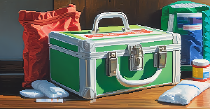 A first aid kit on a wooden table filled with colorful medical supplies, with sunlight streaming through a window.