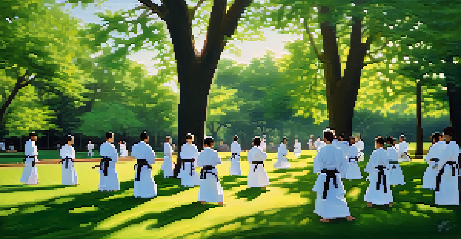 An outdoor Aikido class in a green park, showcasing practitioners engaged in mindful movement.