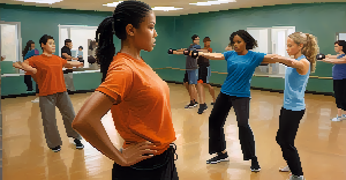A diverse group of people in a self-defense class, actively practicing techniques with an enthusiastic instructor.