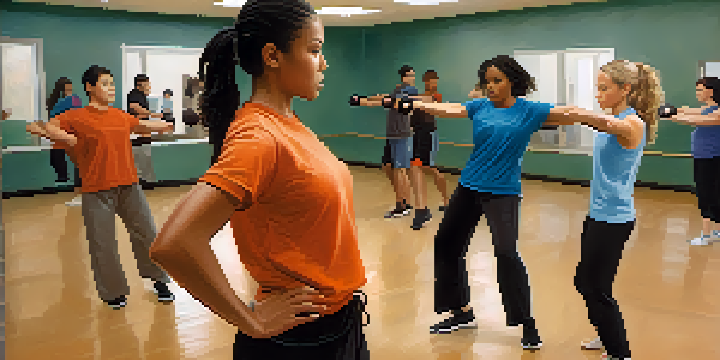 A diverse group of people in a self-defense class, actively practicing techniques with an enthusiastic instructor.
