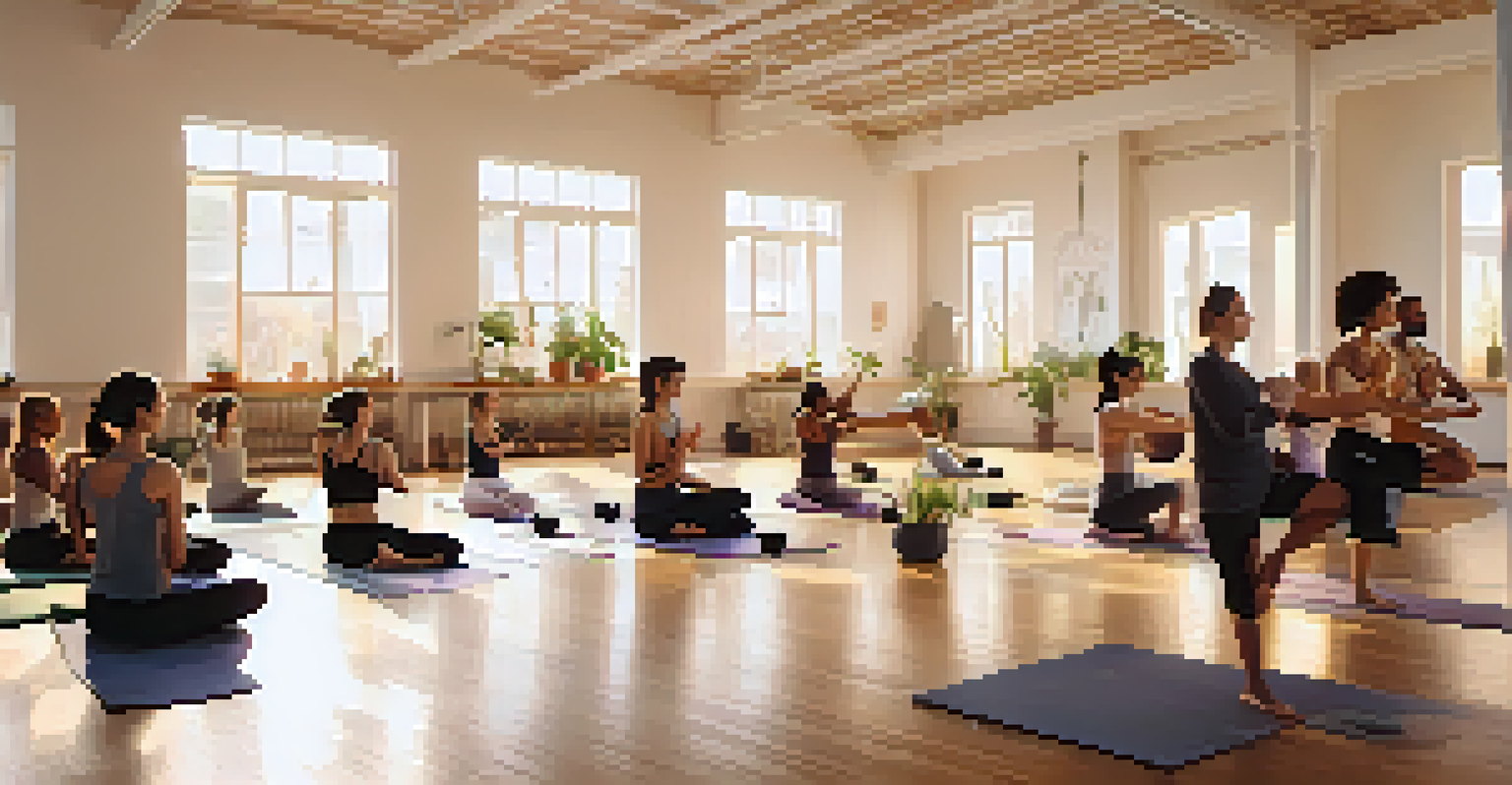 Participants in a yoga class practicing flexibility exercises in a serene studio filled with soft light and calming decor.