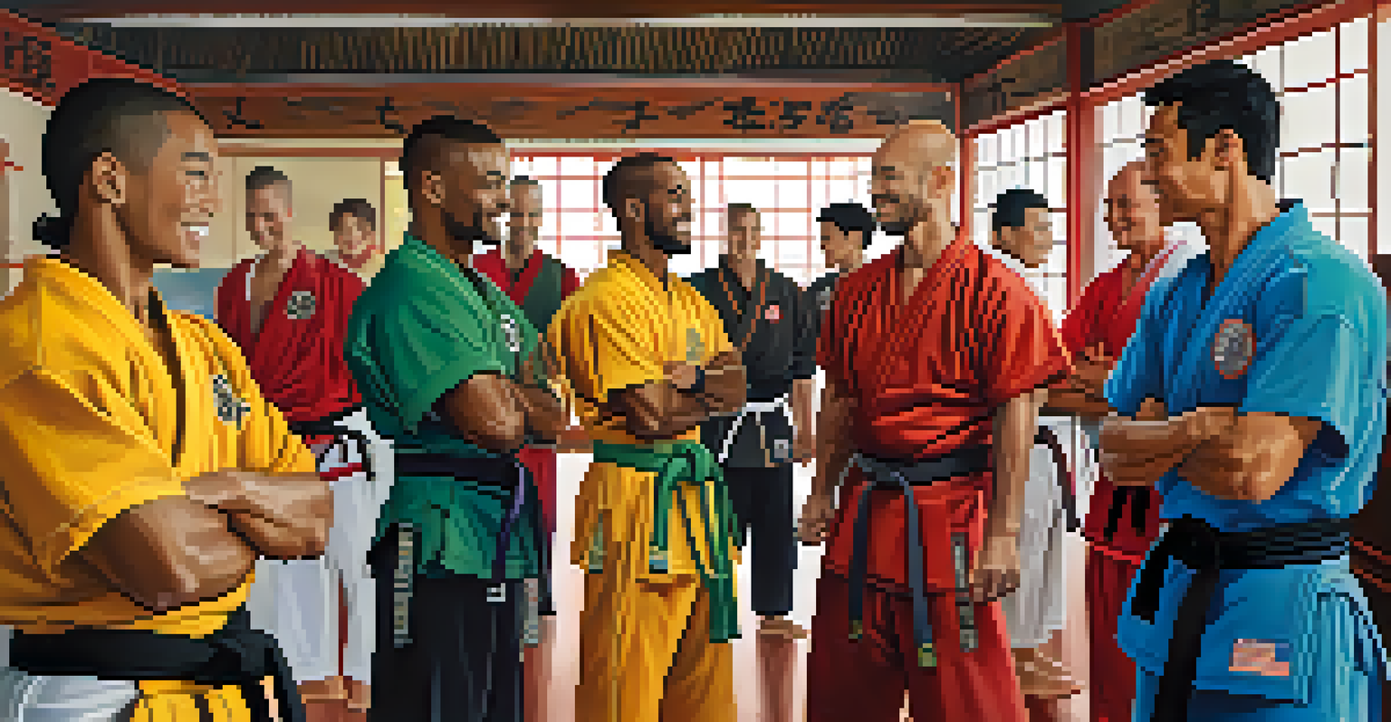 A group of diverse martial artists in a dojo, smiling and showing support for each other after training, embodying a sense of community.