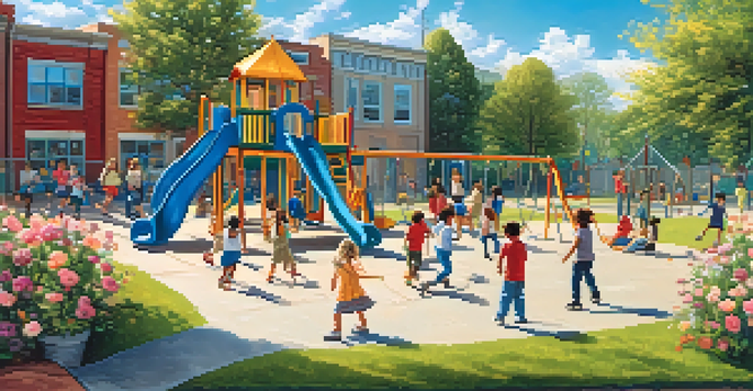 Children of diverse backgrounds playing happily in a vibrant school playground under a sunny sky.