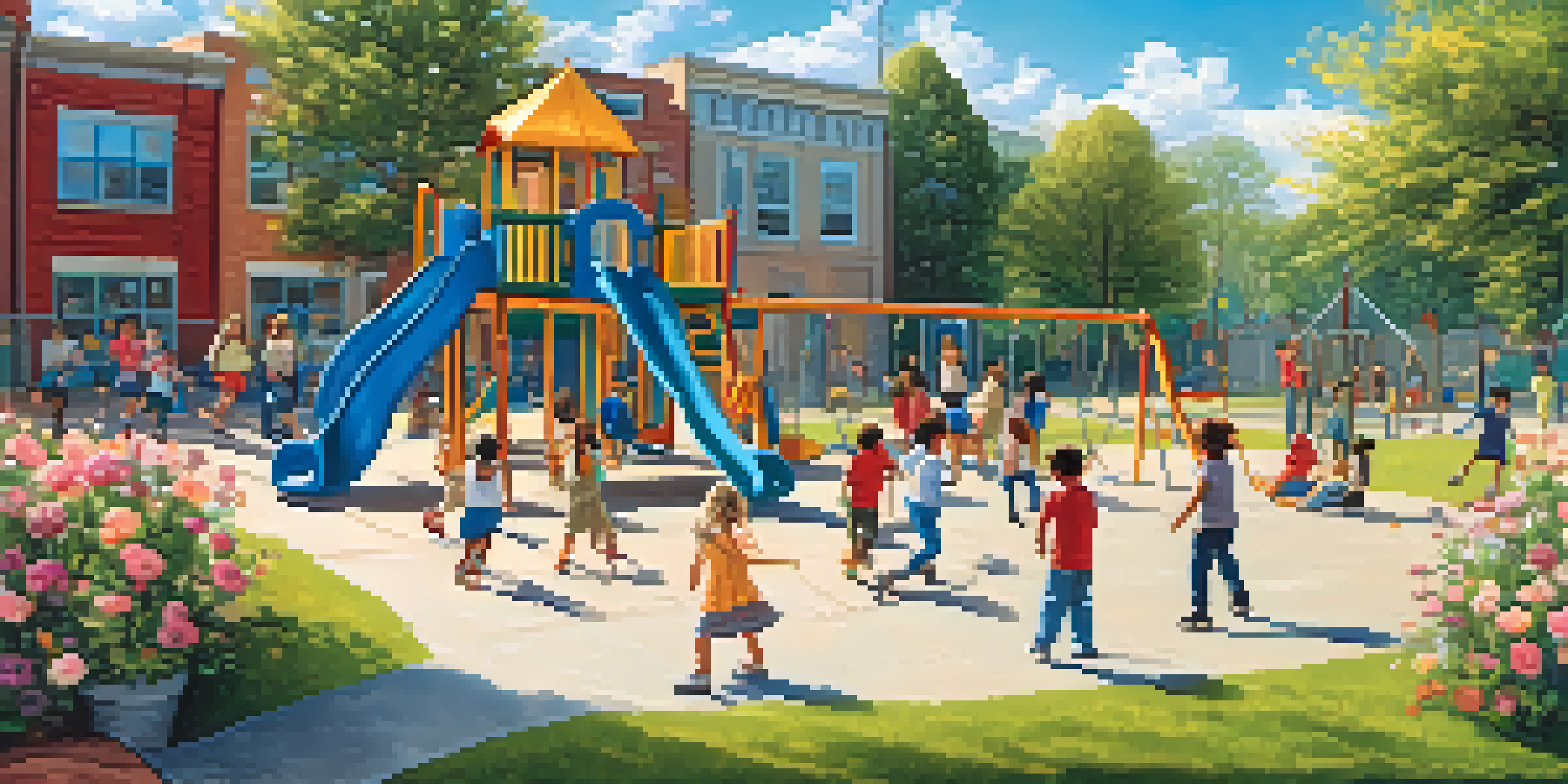 Children of diverse backgrounds playing happily in a vibrant school playground under a sunny sky.
