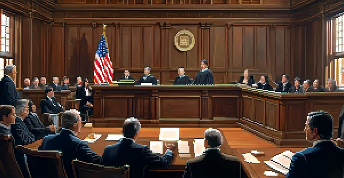 A historical courtroom scene with diverse lawyers and judges discussing self-defense laws, enriched by wood paneling and natural light.