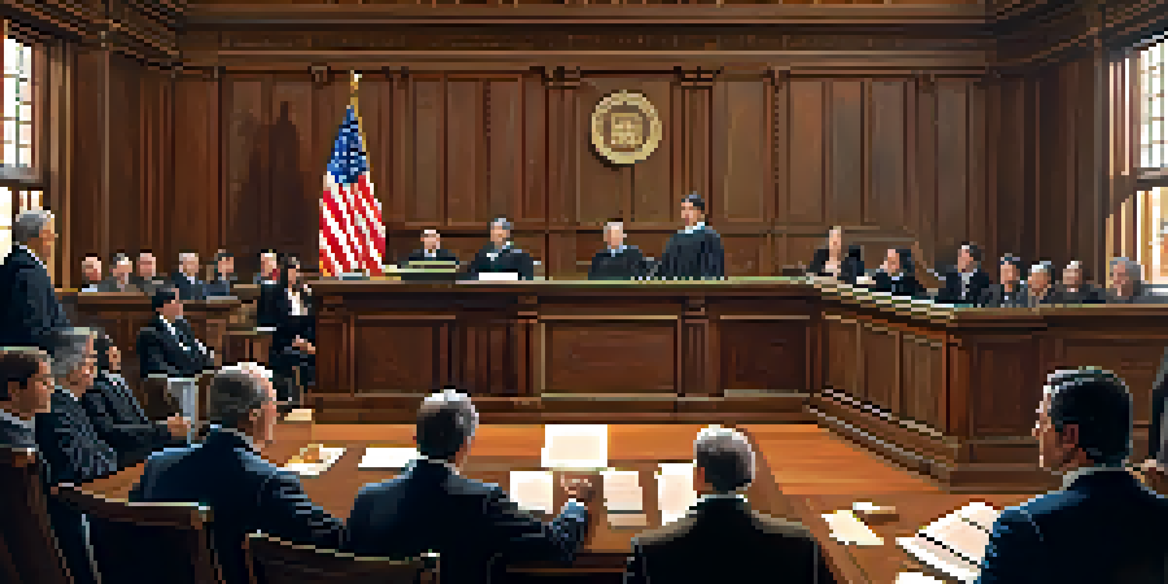 A historical courtroom scene with diverse lawyers and judges discussing self-defense laws, enriched by wood paneling and natural light.