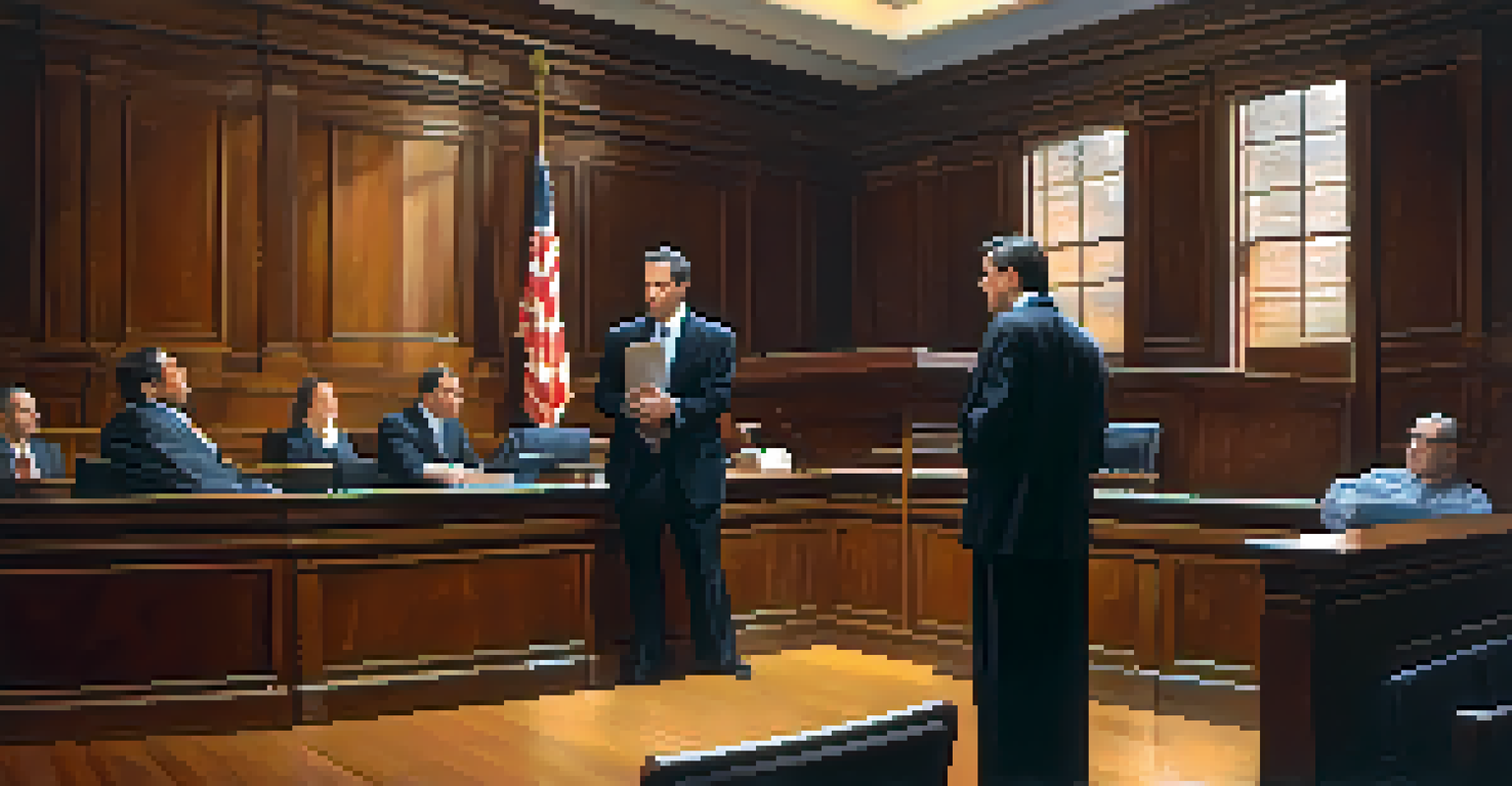 A lawyer advising a client in a courtroom about self defense laws, surrounded by legal books and a judge's bench, with a serious atmosphere.