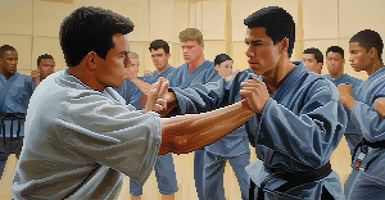 Close-up of hands demonstrating verbal de-escalation techniques in a self-defense training session, with blurred participants in the background.