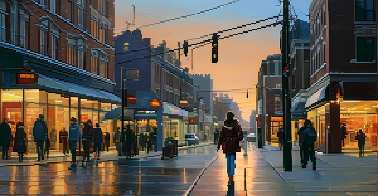 A confident person walking on a well-lit urban street at dusk, looking around with a personal safety device in hand, surrounded by shops and people.